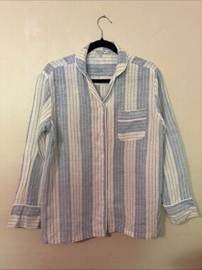 Serena & Lily Blue and White Vertical-Stripe Button-Down Pajama Top Porto Linen